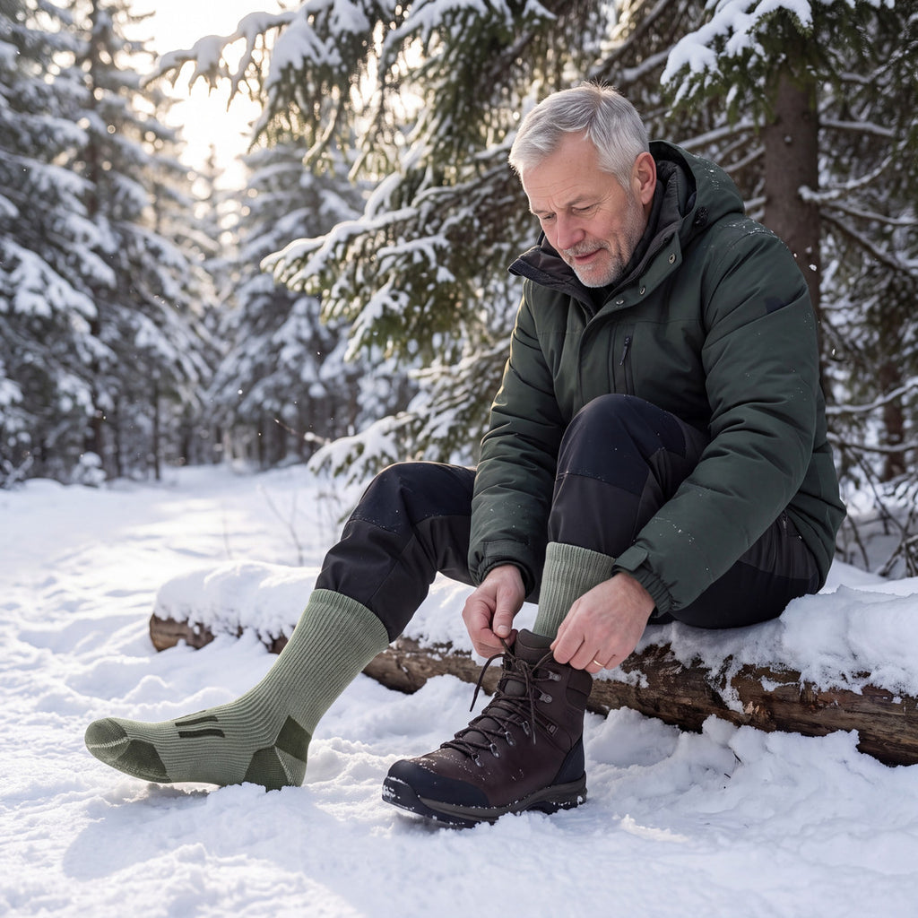 Man i armégröna Arctic Thermal Socks knyter kängorna på en stock i vinterskogen