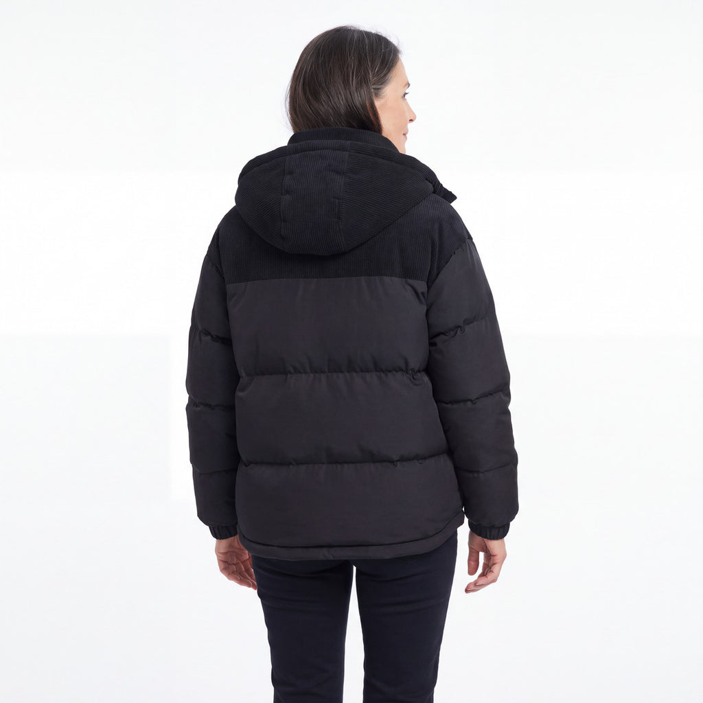 Cord Puffer Jacket för dam i svart, baksida med huva i manchester