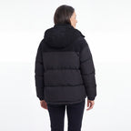 Cord Puffer Jacket för dam i svart, baksida med huva i manchester