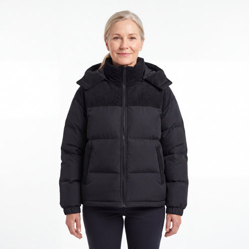 Cord Puffer Jacket för dam i svart, kvinna framifrån mot vit bakgrund