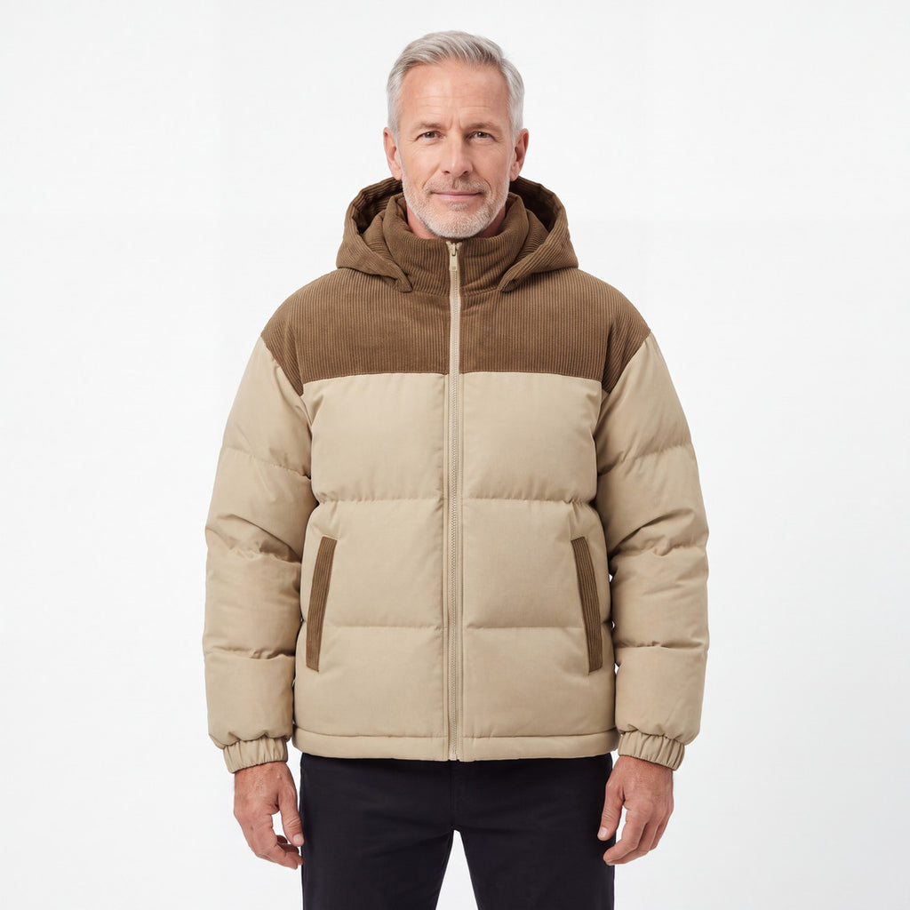 Cord Puffer Jacket för herr i khaki, man framifrån mot vit bakgrund