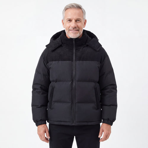 Cord Puffer Jacket för herr i svart, man framifrån mot vit bakgrund