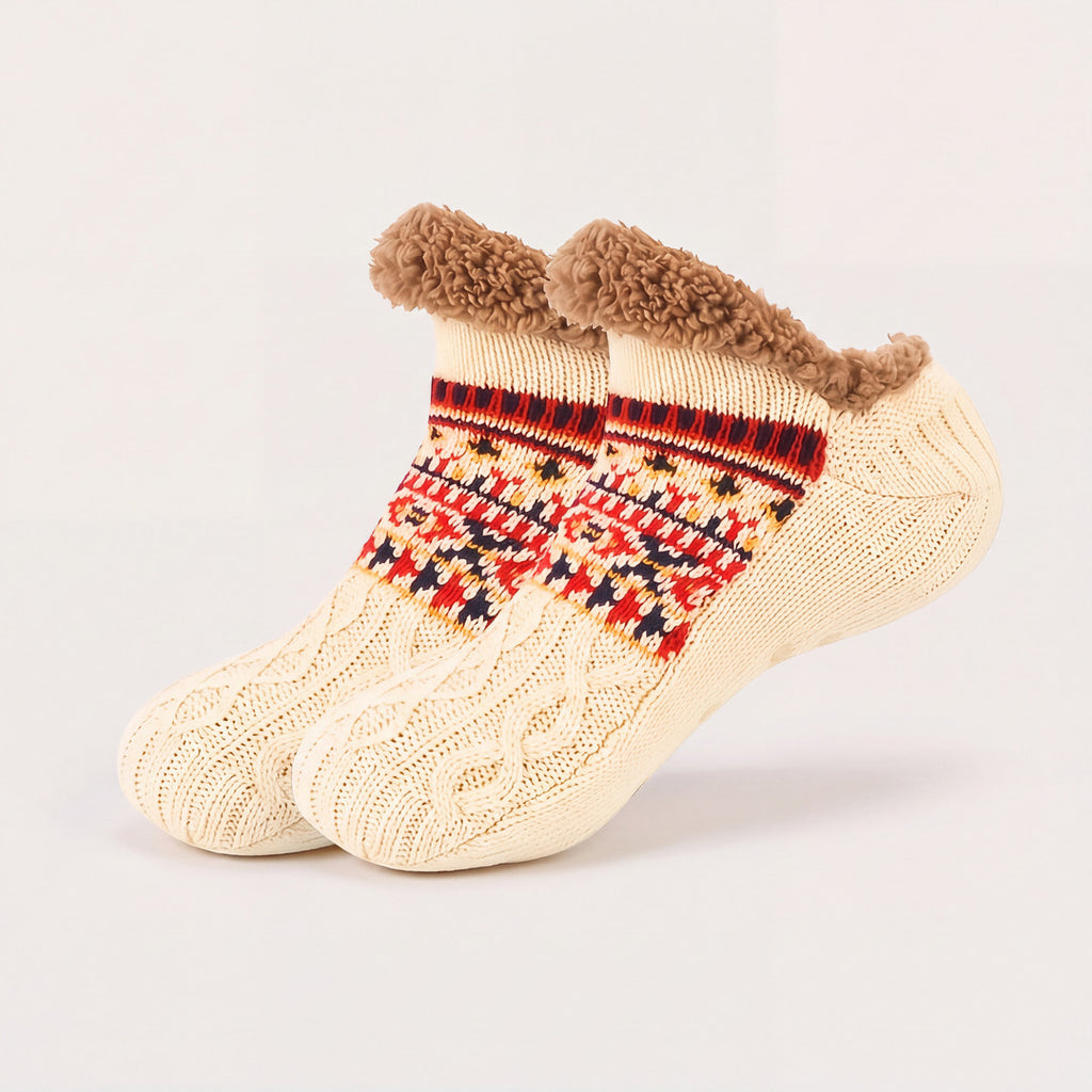 Nordic Knit Slipper Socks in beige, knitted slipper socks with sherpa cuff against a light background