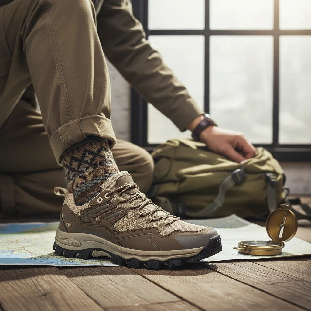 Vaeltaja kartan ja kompassin kanssa beigeissä Low Ortho Hiking Shoes -kengissä, joissa TPU-pohja