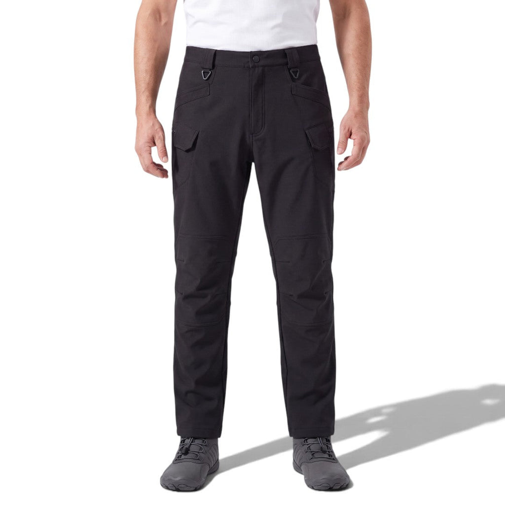 Black Utility Fleece Pants with multiple cargo pockets in windproof, waterproof stretch fabric