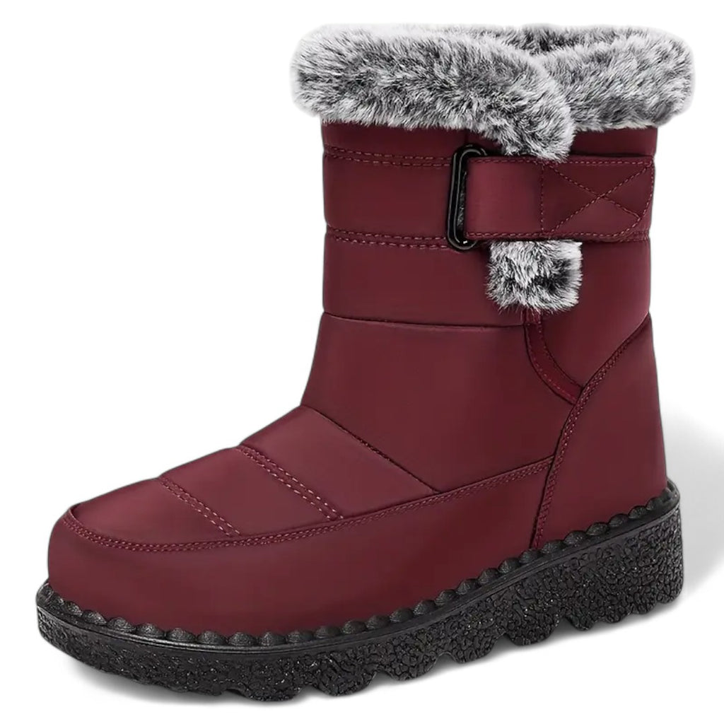 Vinröda Waterproof Comfort Boots med fuskpälskant, varmt foder och halkfri gummisula