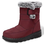Vinröda Waterproof Comfort Boots med fuskpälskant, varmt foder och halkfri gummisula
