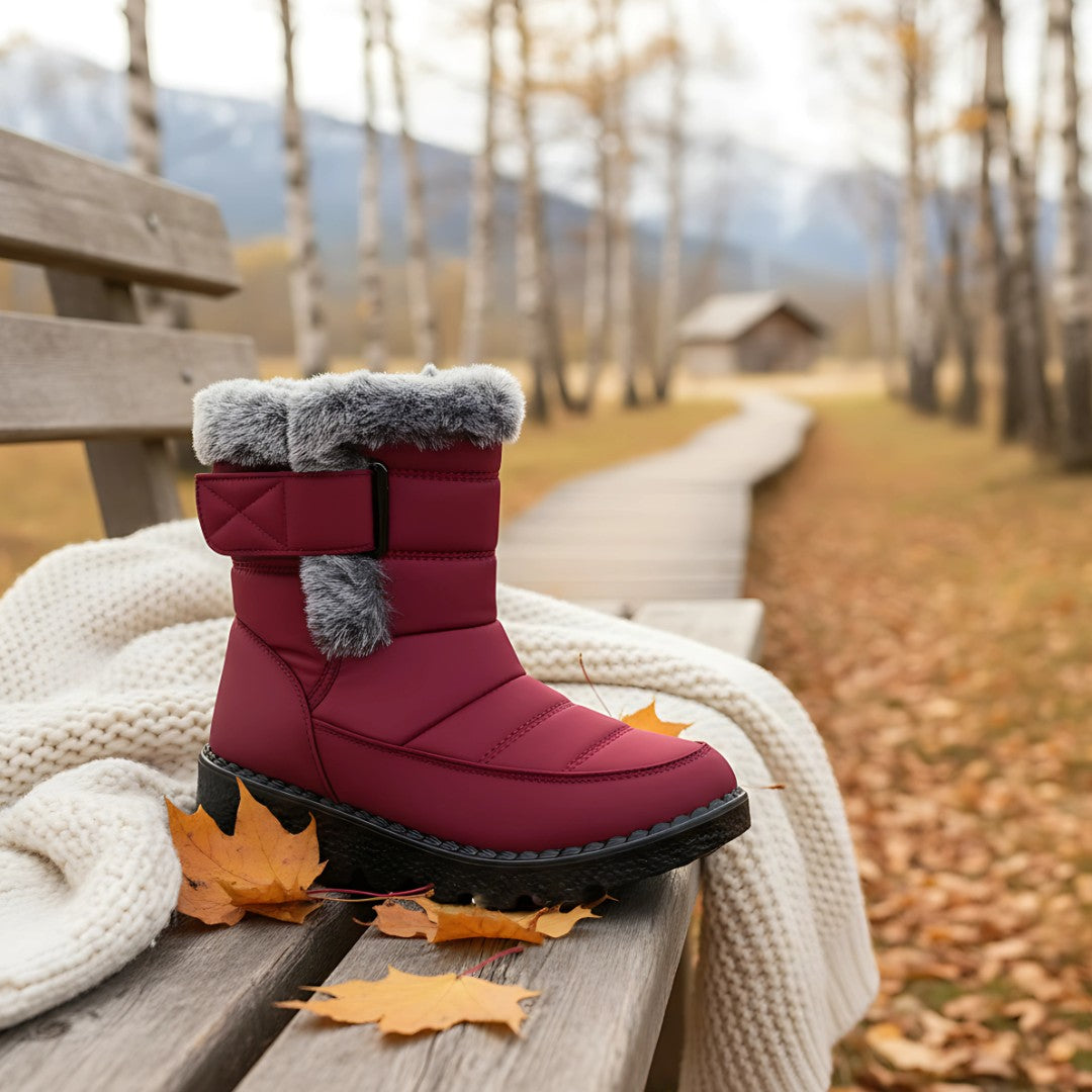 Waterproof Comfort Boots bordeaux con bordo in pelliccia sintetica e chiusura a strappo su una panchina del parco