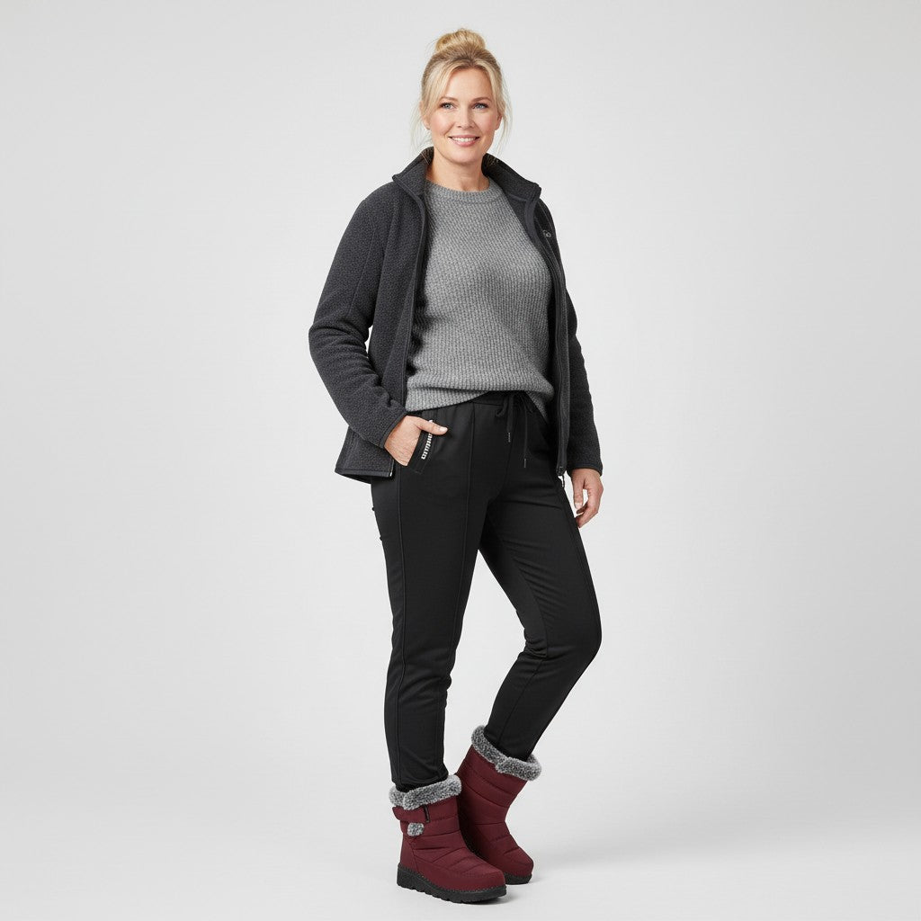 Donna con Waterproof Comfort Boots bordeaux con fodera calda e chiusura a strappo