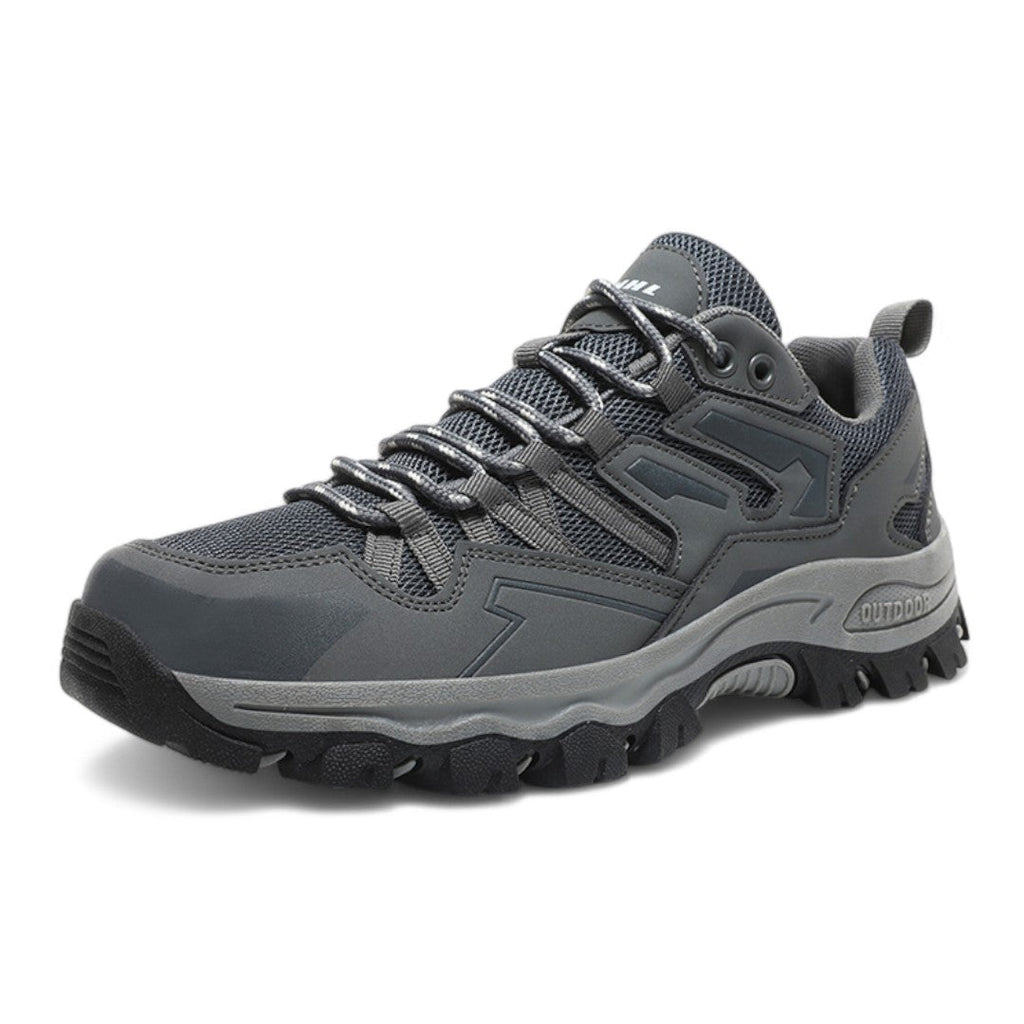 Harmaat Low Ortho Hiking Shoes -kengät, joissa hengittävä verkkokangas, ortopedinen tuki ja pitävä TPU-pohja