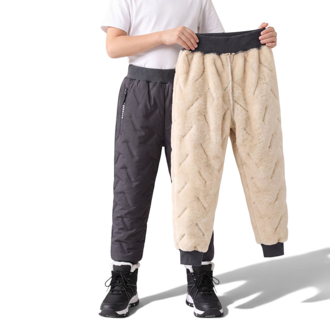 Kids' Fleece Pants med grått quiltat yttertyg och mjukt beige fuskpälsfoder