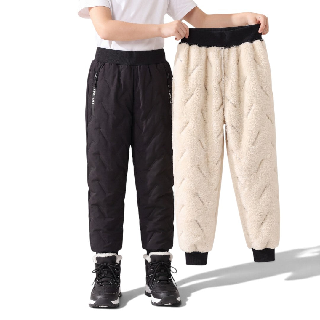 Kids' Fleece Pants i svart och cremevitt, quiltade vattenavvisande vinterbyxor med fleecefoder