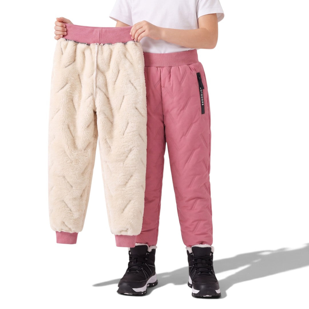 Kids' Fleece Pants i rosa och cremevitt, quiltade vinterbyxor med fleecefoder och resårmidja