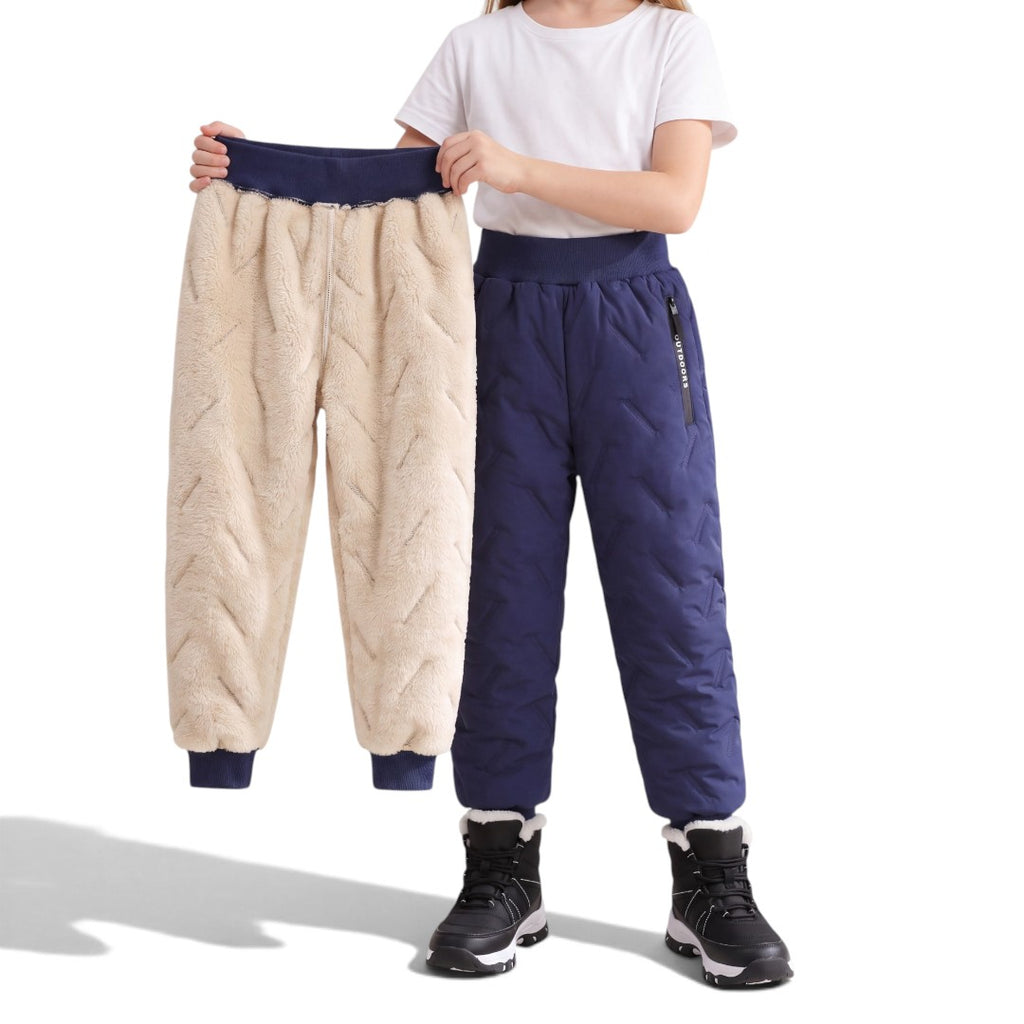 Navy blue Kids' Fleece Pants, quilted fleece-lined winter pants with water-repellent finish