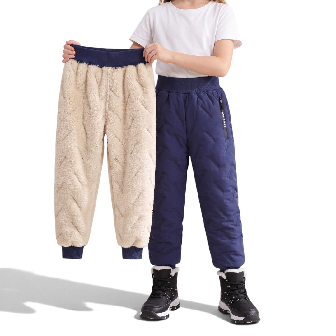 Navy blue Kids' Fleece Pants, quilted fleece-lined winter pants with water-repellent finish