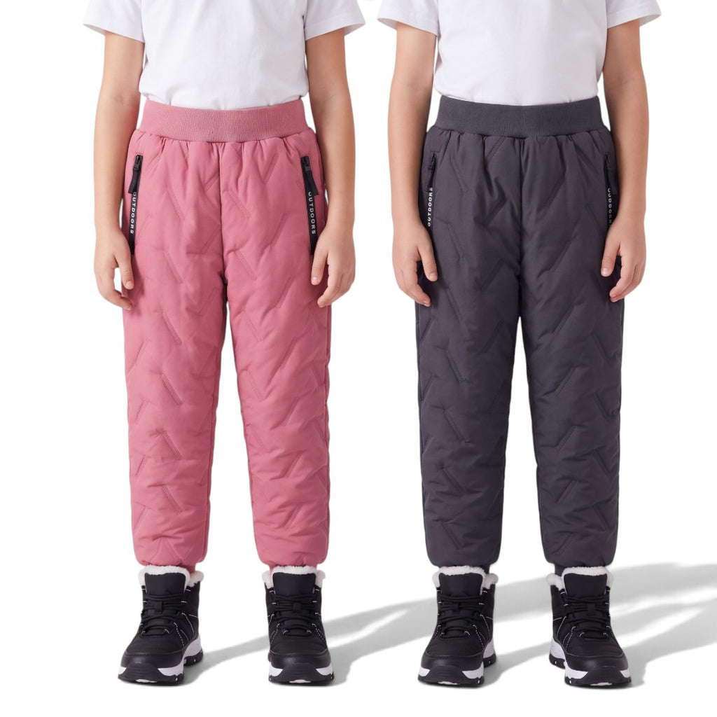 Kids' Fleece Pants i rosa och mörkgrått, quiltade vinterbyxor med fleecefoder