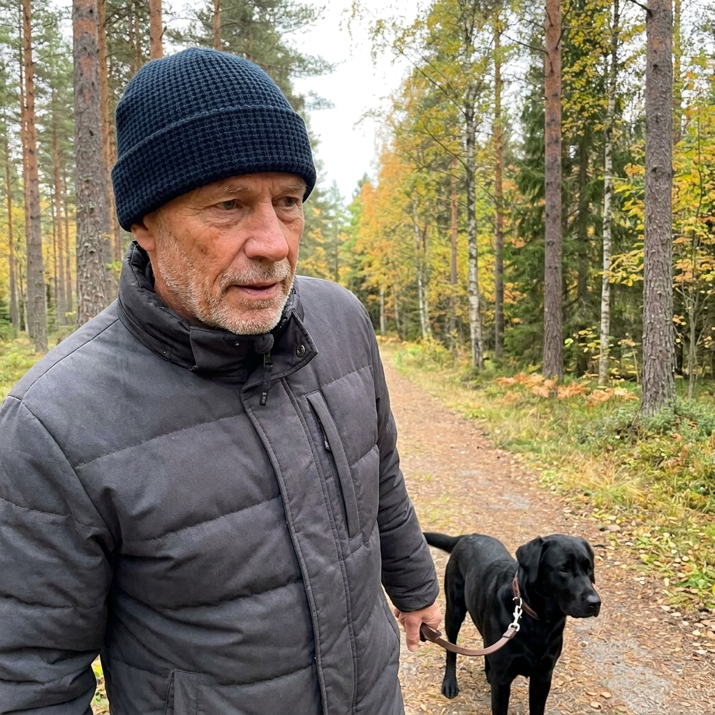 Man i marinblå Classic Waffle Beanie promenerar med svart labrador på en skogsstig