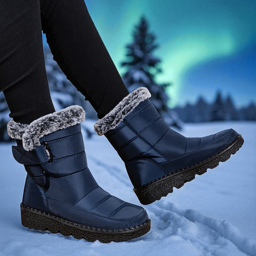 Waterproof Comfort Boots blu navy con bordo in pelliccia sintetica e chiusura a strappo in un paesaggio innevato
