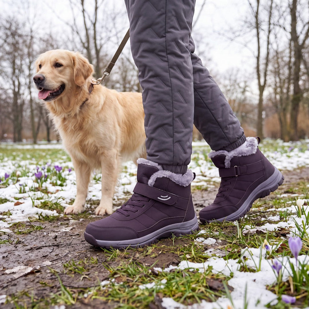 Warm Comfort Shoes roxos num passeio com o cão num parque com neve