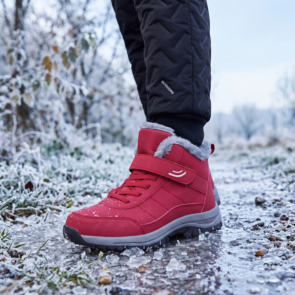 Warm Comfort Shoes vermelhos com fecho de velcro num caminho com neve
