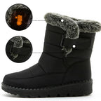 Waterproof Comfort Boots neri con calda fodera in pelliccia sintetica, chiusura a strappo e suola in gomma antiscivolo