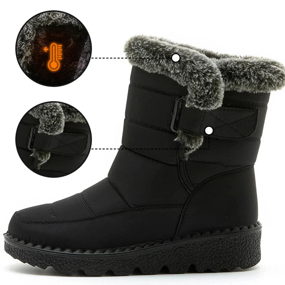 Waterproof Comfort Boots neri con calda fodera in pelliccia sintetica, chiusura a strappo e suola in gomma antiscivolo