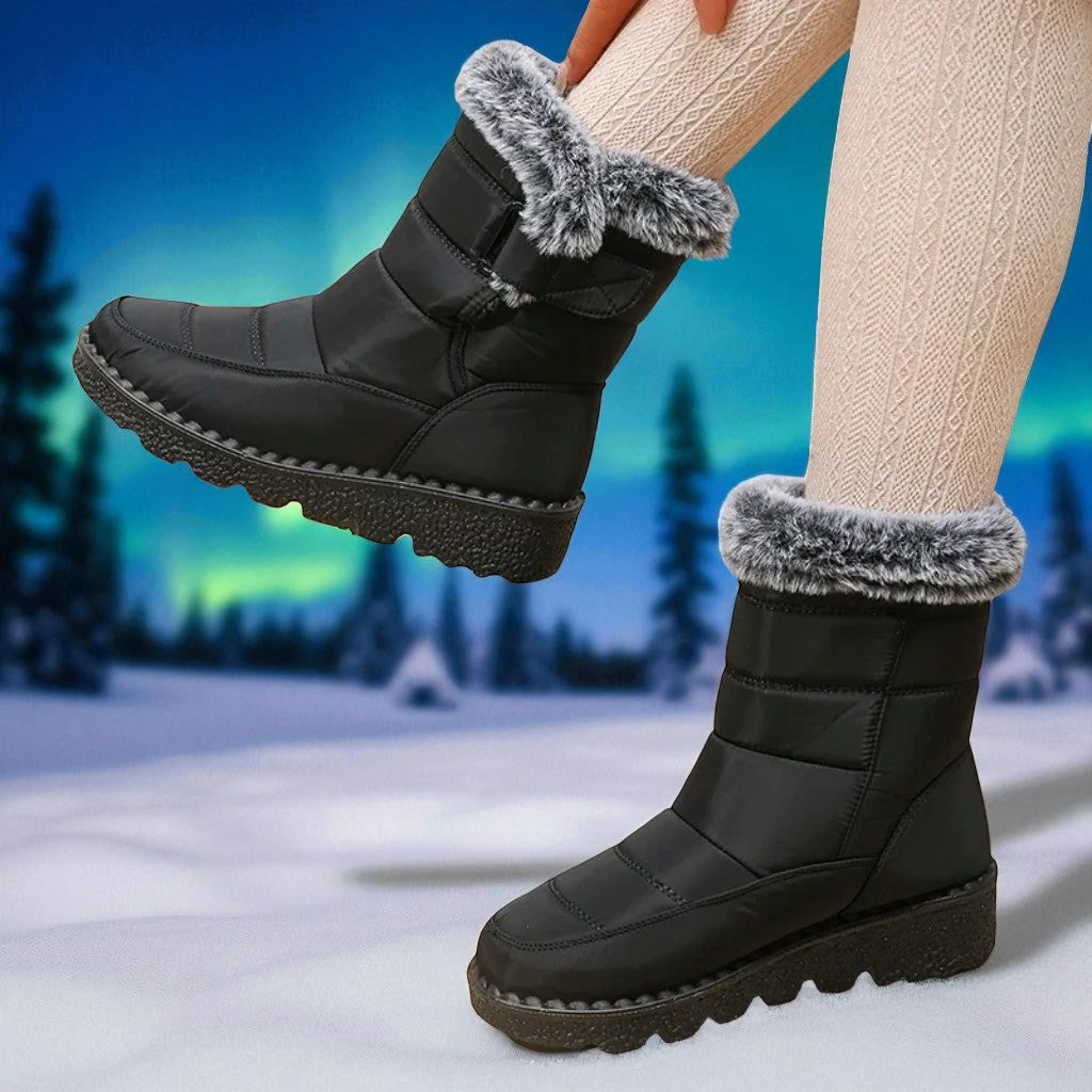 Waterproof Comfort Boots neri con bordo in pelliccia sintetica e suole antiscivolo sulla neve