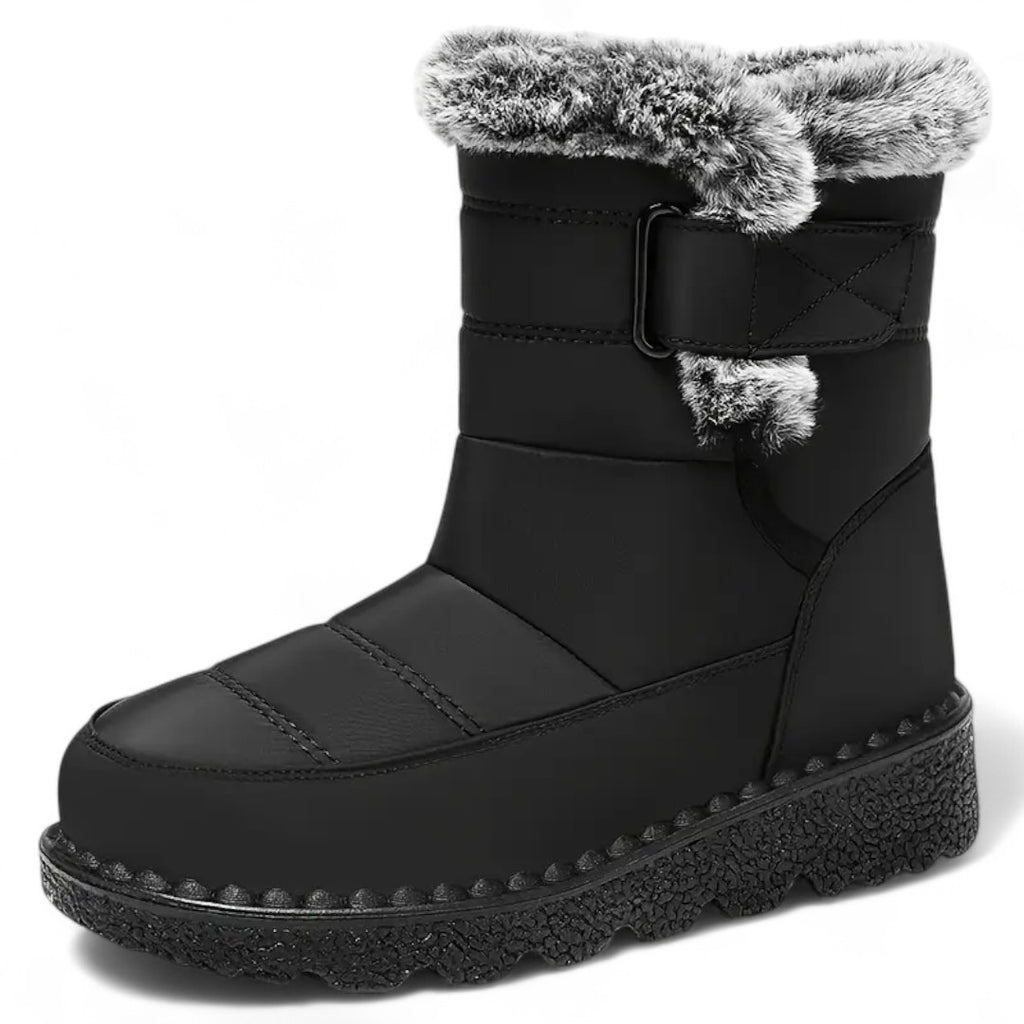 Svarta Waterproof Comfort Boots med fuskpälskant, flanellfoder och halkfria gummisulor