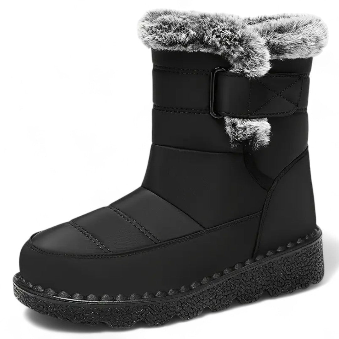 Svarta Waterproof Comfort Boots med fuskpälskant, flanellfoder och halkfria gummisulor