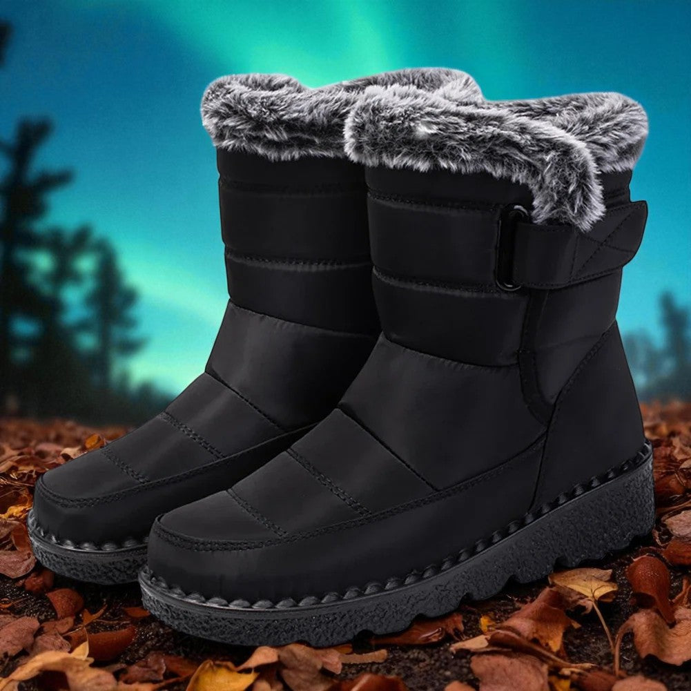 Waterproof Comfort Boots neri con fodera in pelliccia sintetica, chiusura a strappo e suole in gomma antiscivolo