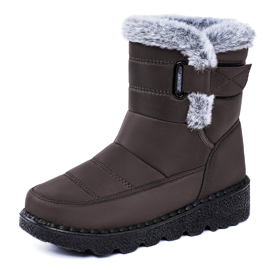 Waterproof Comfort Boots marroni con bordo in pelliccia sintetica, fodera in flanella e suola in gomma antiscivolo