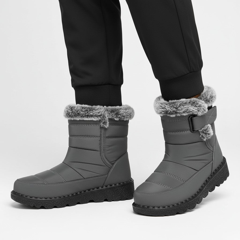 Waterproof Comfort Boots grigi con bordo in pelliccia sintetica, calda fodera in flanella e suole in gomma antiscivolo