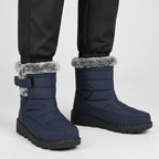 Waterproof Comfort Boots blu navy con bordo in pelliccia sintetica, fodera in flanella e chiusura a strappo