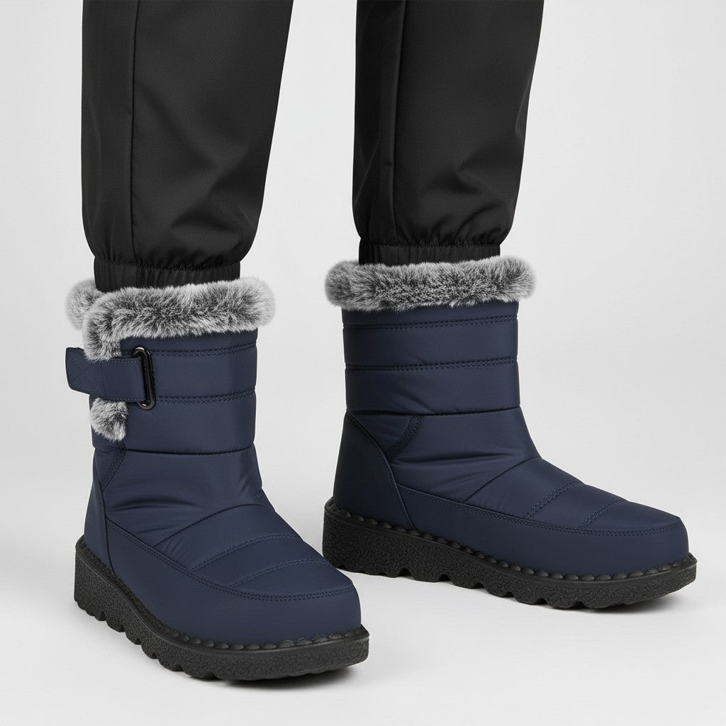 Waterproof Comfort Boots blu navy con bordo in pelliccia sintetica, fodera in flanella e chiusura a strappo