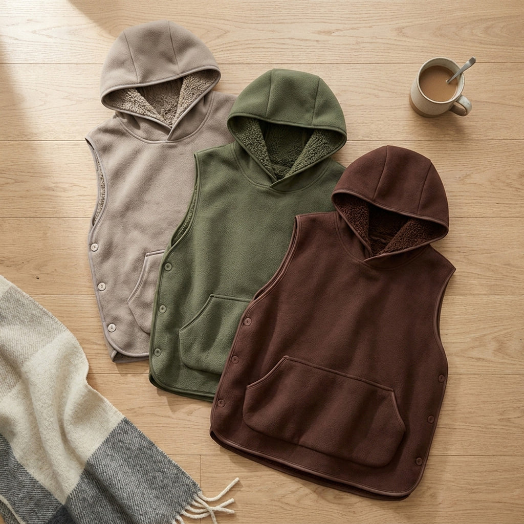 Sherpa Hoodie Vest i beige, grøn og brun