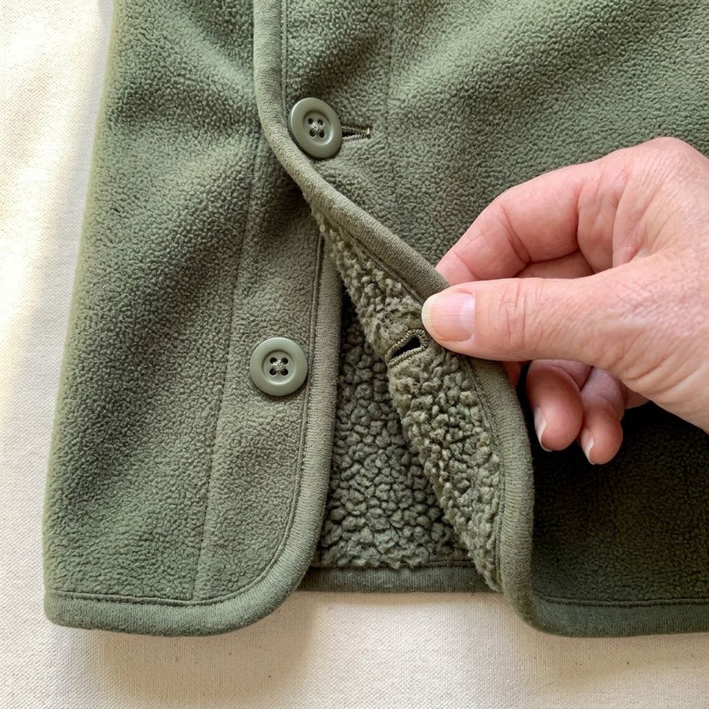 Nærbillede af sideslidsen med knapper på grøn Sherpa Hoodie Vest