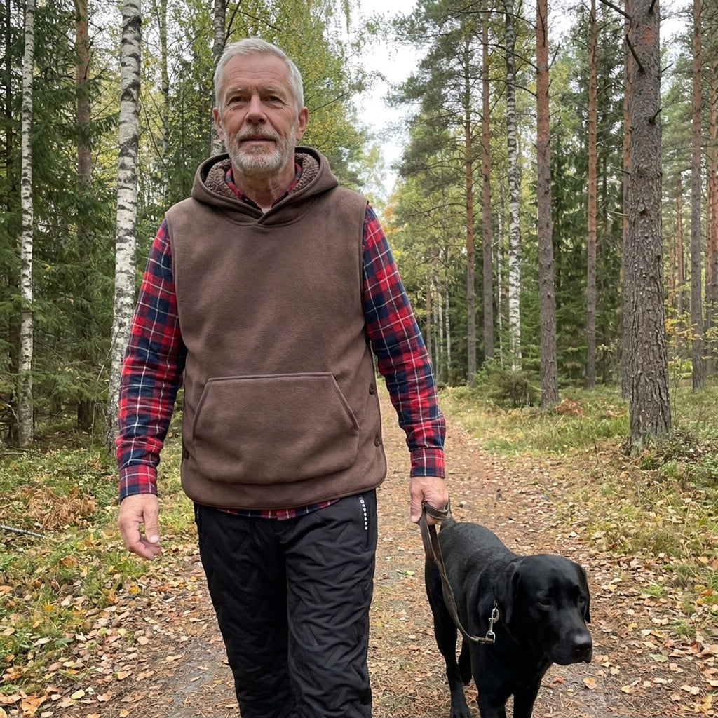 Mand omkring 60 på gåtur med hunden i skoven i brun Sherpa Hoodie Vest og sorte Warm Fleece Pants