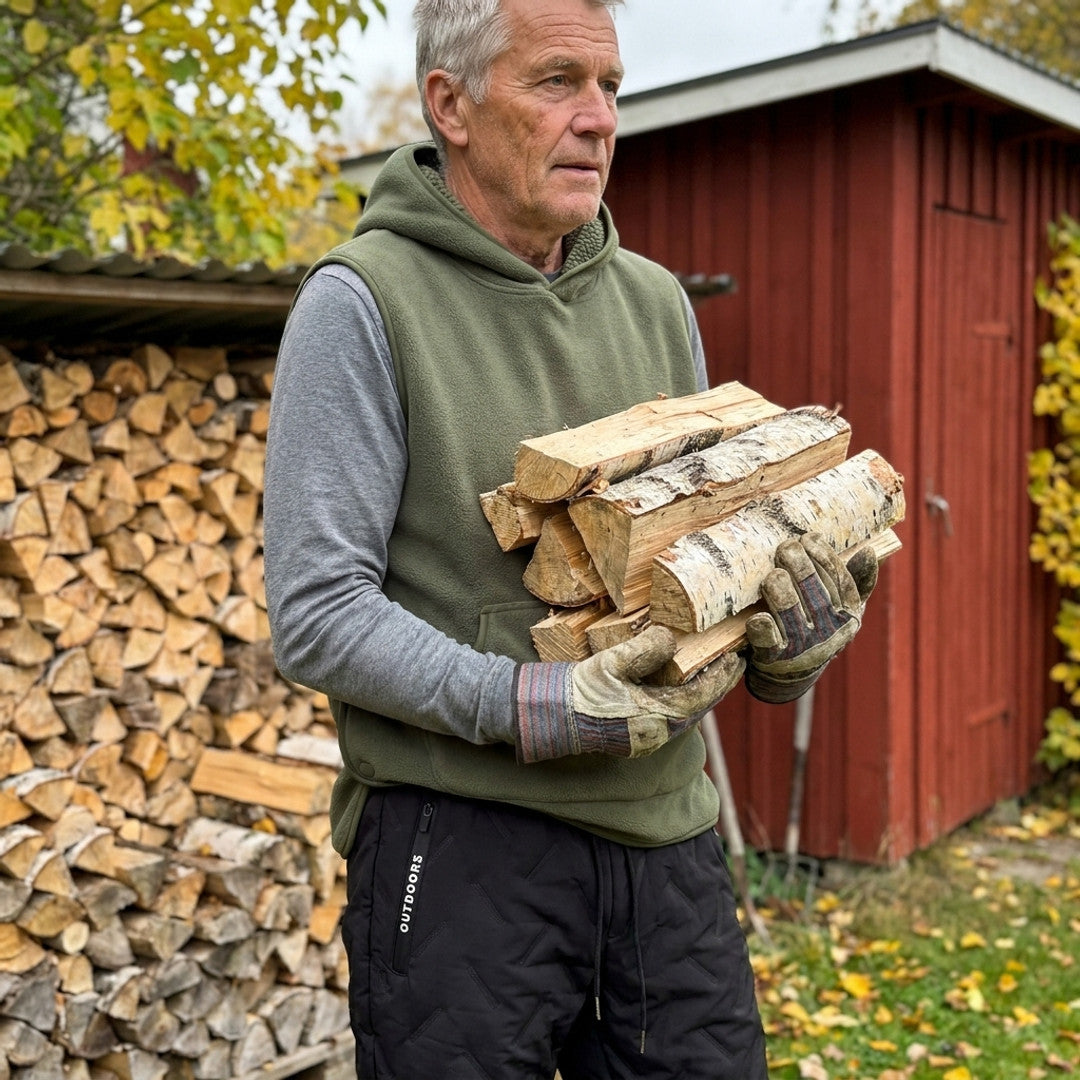 Mand i grøn Sherpa Hoodie Vest og sorte Warm Fleece Pants bærer brænde ved et rødt skur