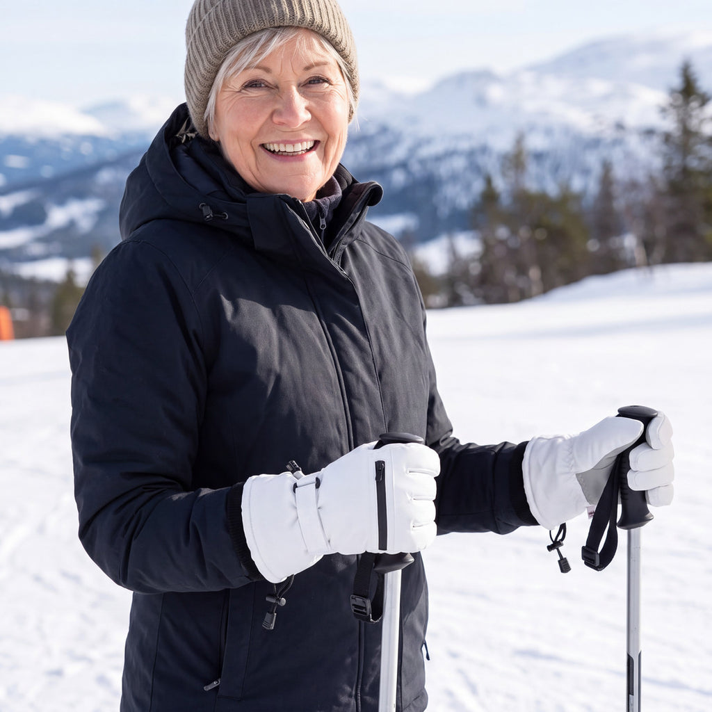 Frau mit weißen Skihandschuhen und Stöcken auf einer sonnigen Skipiste