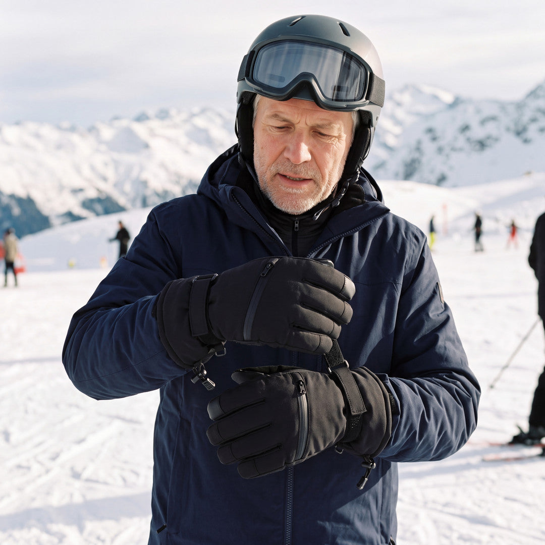 Mann mit schwarzen Skihandschuhen stellt auf der Skipiste die Handgelenkschlaufe ein